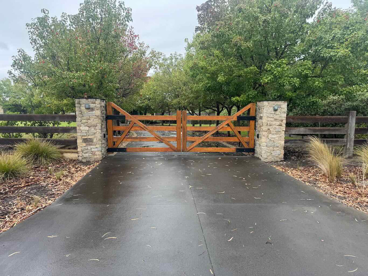 Sliding Gate Entrance - Automated with Merbau Infill and SS Fence Beside
